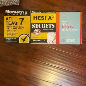 bundle of TEAS and HESI books for nursing entry exam